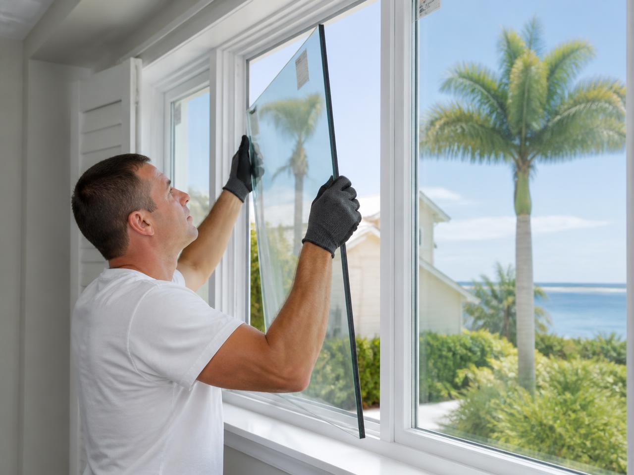 Technician installing a new window pane in a coastal home